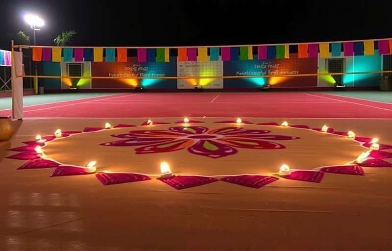 Indian Volley Elite - Diwali Special Event Indian Volley Elite Diwali event showing a volleyball court decorated with lamps and rangoli