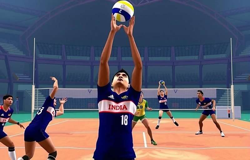 Indian Volley Elite Gameplay - Intense Match Action Indian Volley Elite Gameplay Screenshot showing players in action during a volleyball match with Indian team jerseys
