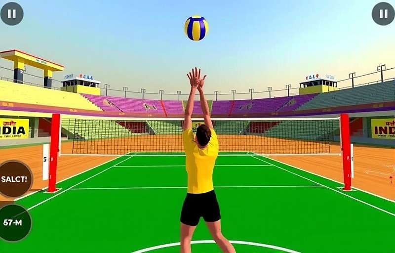 Indian Volley Elite - Powerful Spike in Action Indian Volley Elite gameplay showing a player spiking the ball with an Indian stadium in the background